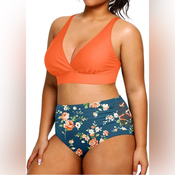 Yonique Womens Plus Size Bikini High Waisted Swimsuits Two Piece Floral - Picture 3 of 9